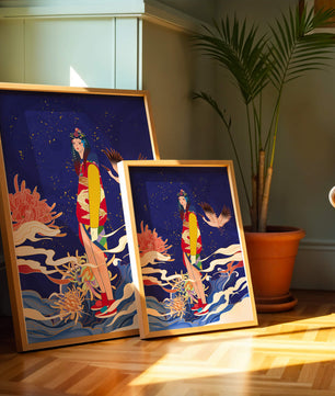Fusion élégante d’art traditionnel et moderne avec des éléments floraux et aviaires