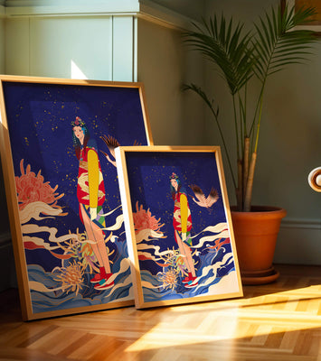 Elegant fusion of traditional and modern art with floral and avian elements