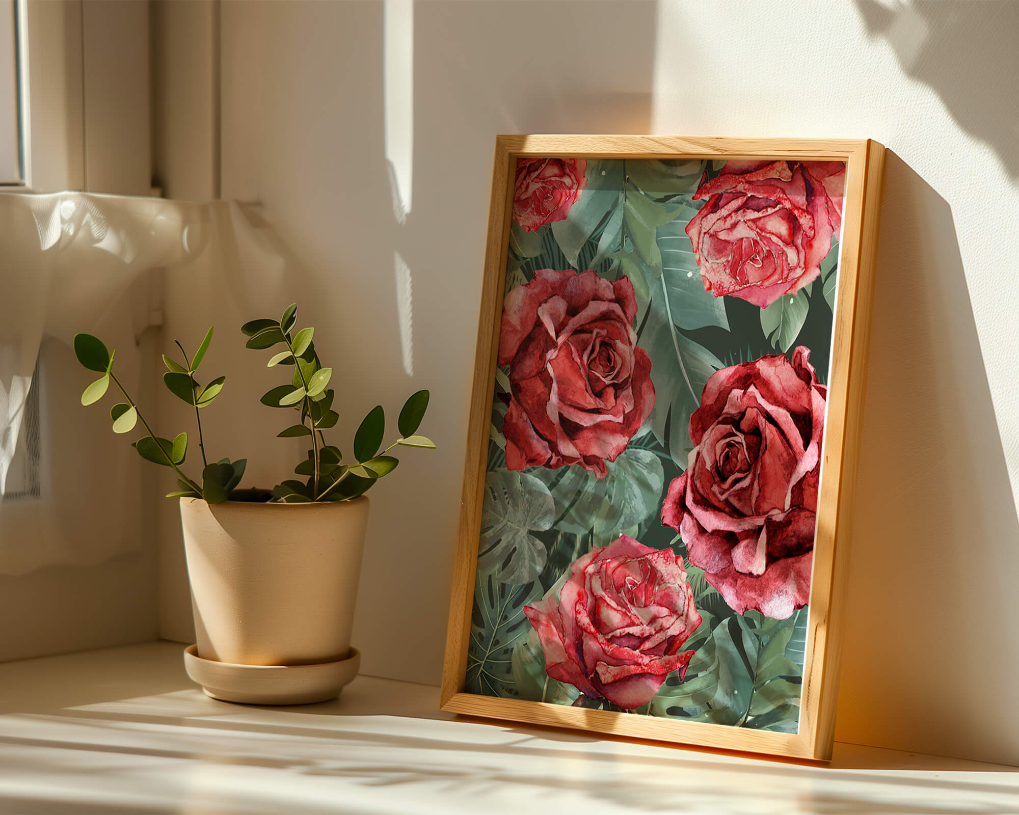 Red roses and green foliage pattern in watercolor style