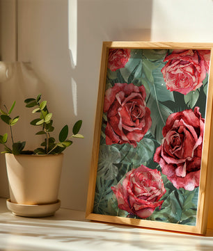 Red roses and green foliage pattern in watercolor style
