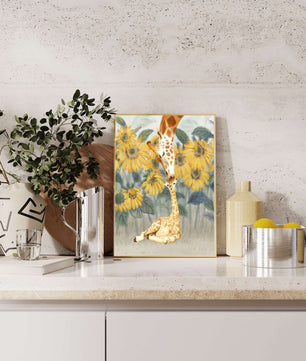 Pintura acuarela de jirafas y girasoles en una escena tierna de una familia de jirafas