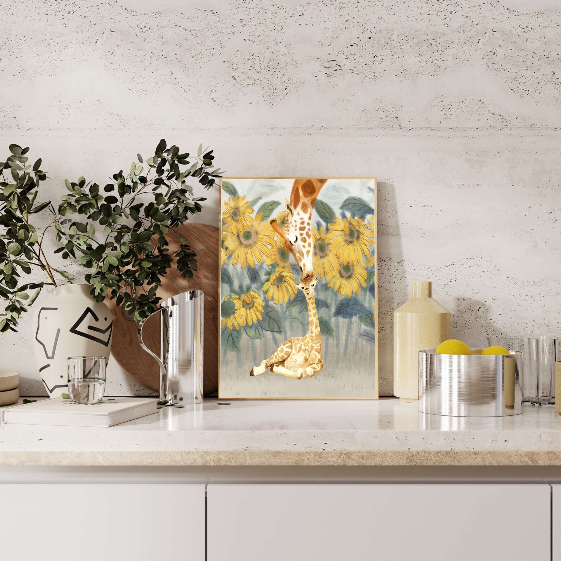 Giraffe and sunflowers watercolor painting of tender giraffe family scene
