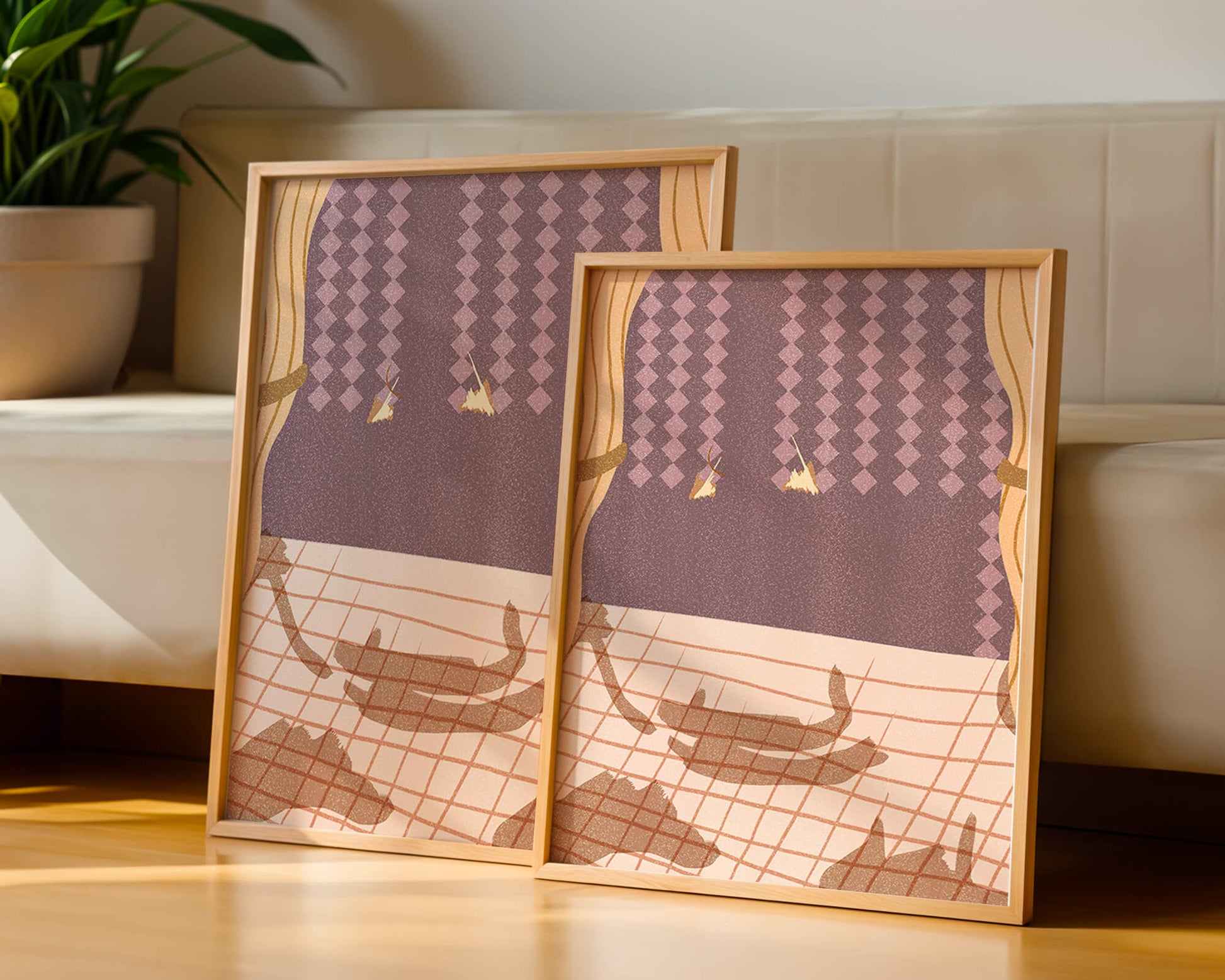 Abstract Interior with Cats' Shadows on Checkered Floor