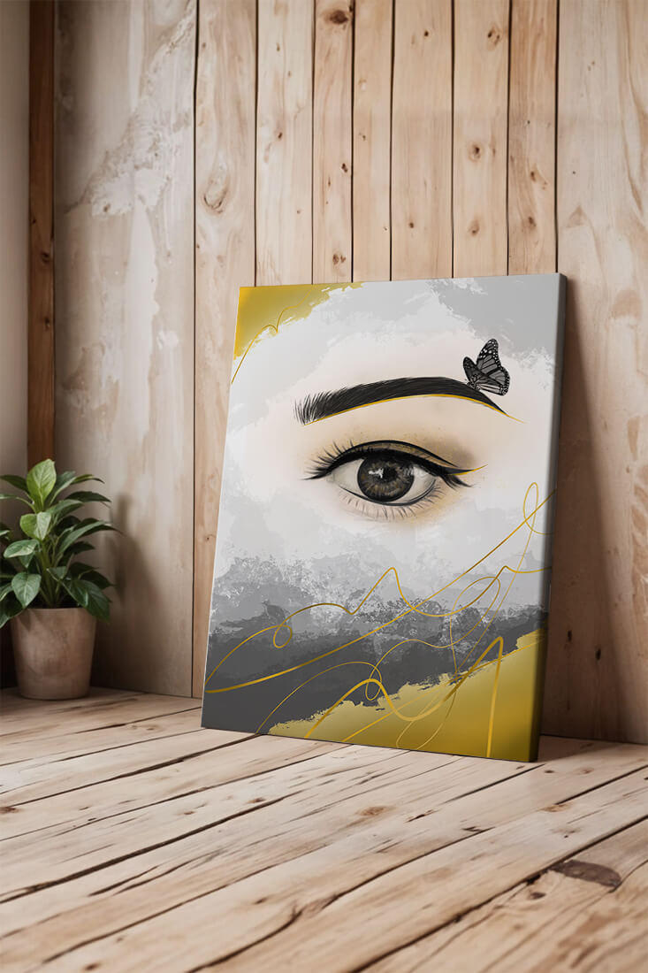 Artistic eye illustration with butterfly and abstract gold accents
