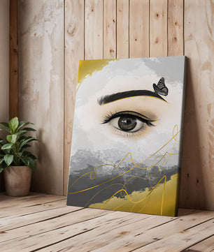 Artistic eye illustration with butterfly and abstract gold accents