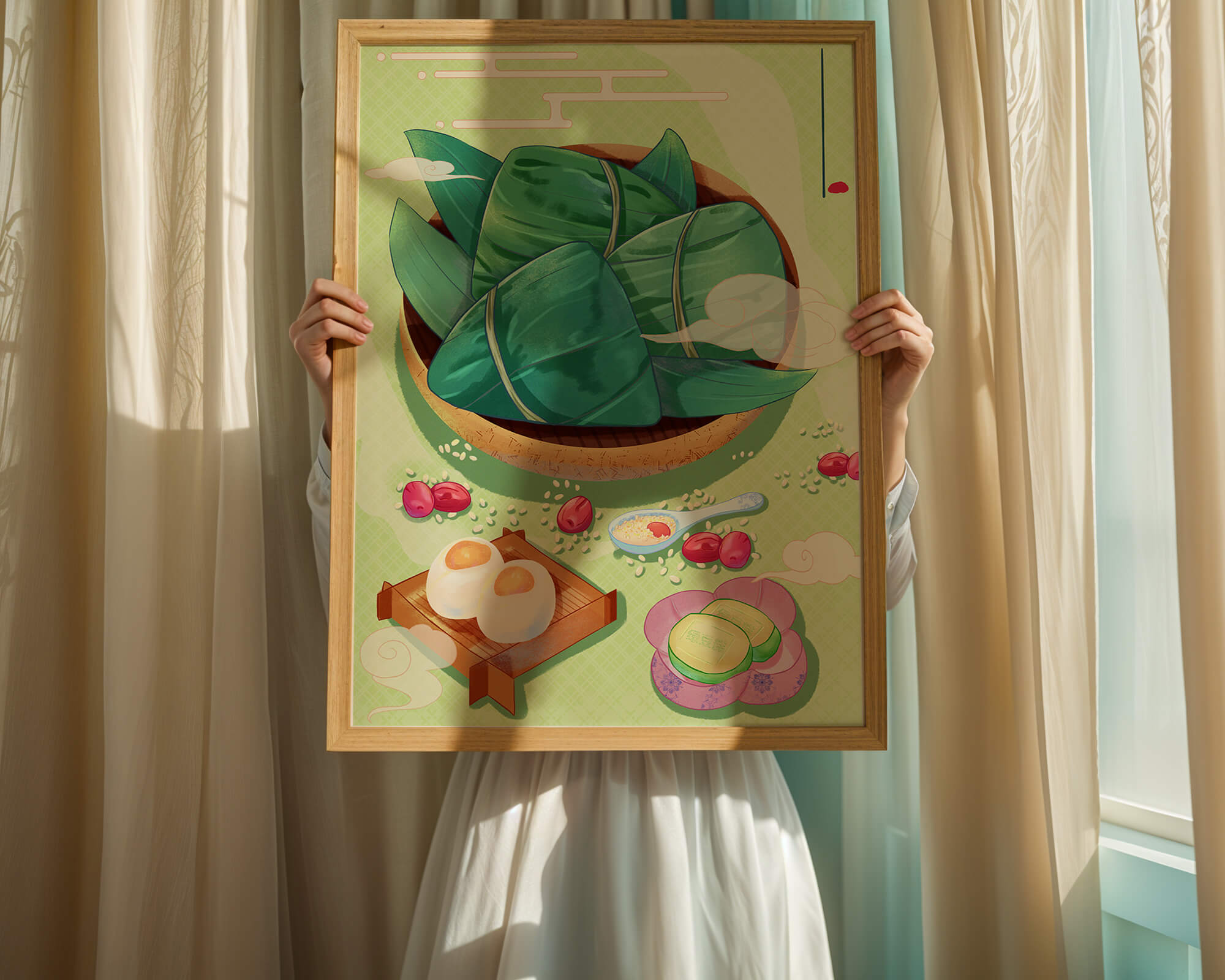 Traditional Asian food illustration with rice dumplings and mooncakes on a green background