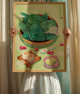 Traditional Asian food illustration with rice dumplings and mooncakes on a green background