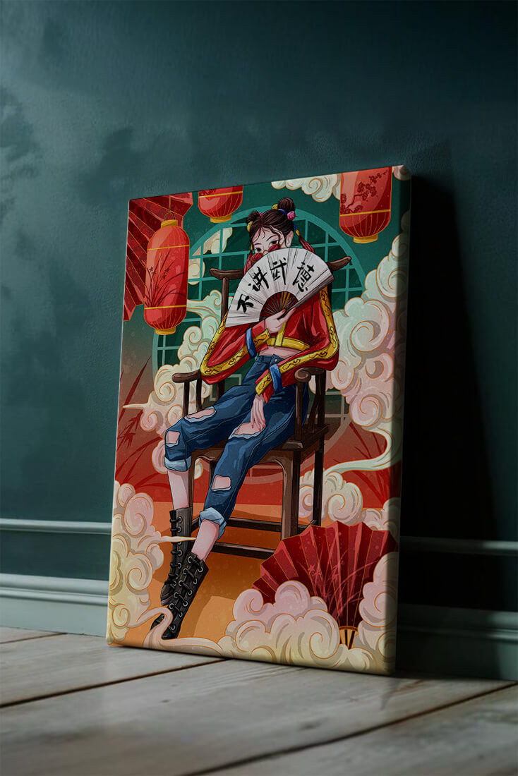 Female character with fan in colorful oriental setting