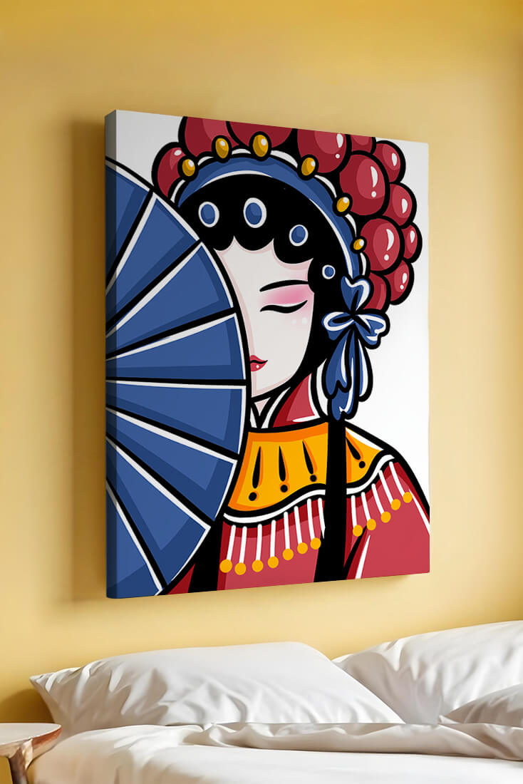 Traditional Asian opera character with fan and decorative headpiece