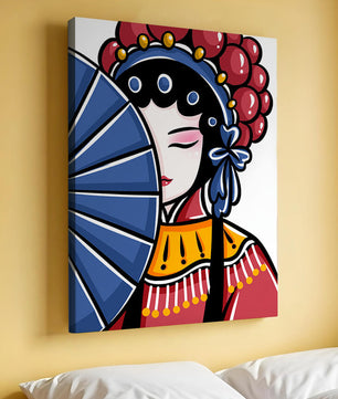 Traditional Asian opera character with fan and decorative headpiece