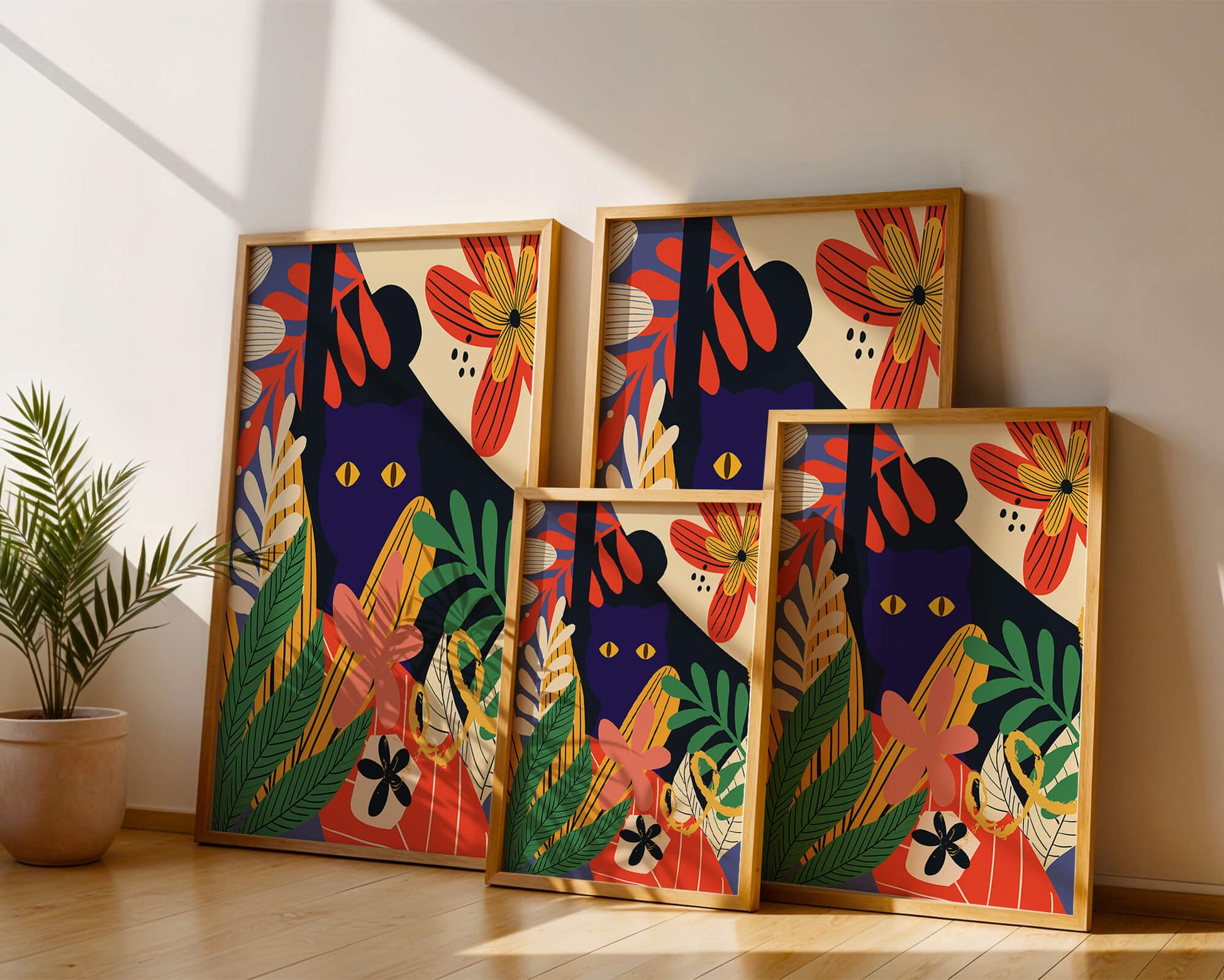 Colorful abstract illustration featuring a cat and floral patterns