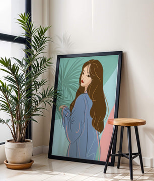 Illustration of woman with long hair and blue jacket