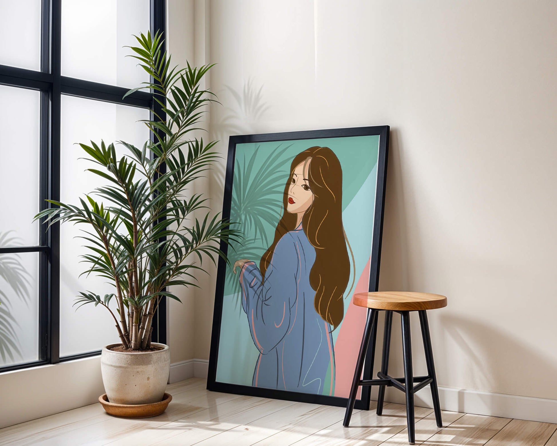 Illustration of woman with long hair and blue jacket