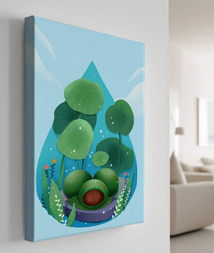 Nature-inspired abstract illustration with leaves and spheres