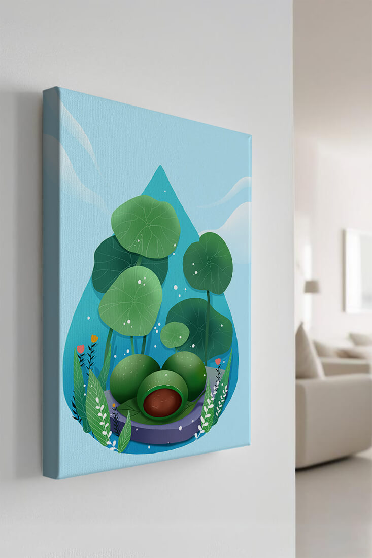 Nature-inspired abstract illustration with leaves and spheres