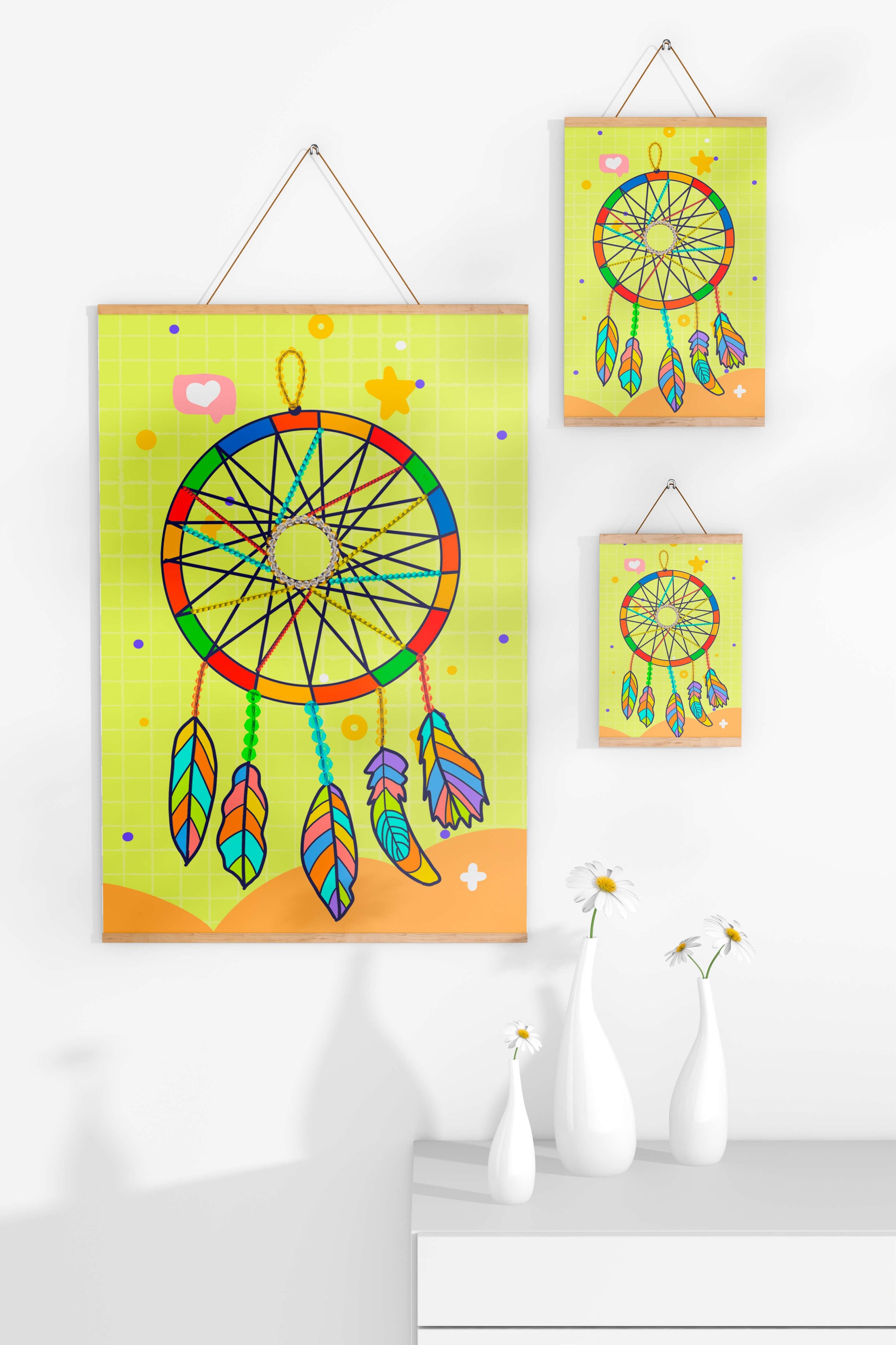 Colorful dreamcatcher on a vibrant yellow background