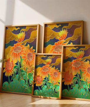 Vibrant sunflowers with intricate background patterns