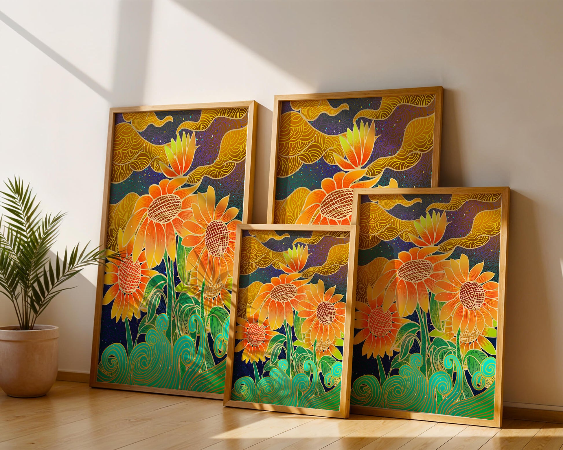 Vibrant sunflowers with intricate background patterns