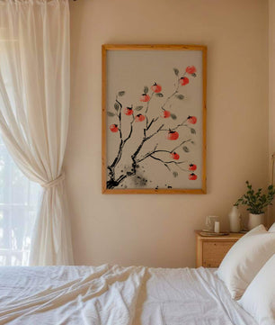 Elegant botanical illustration with vibrant red fruit on branches