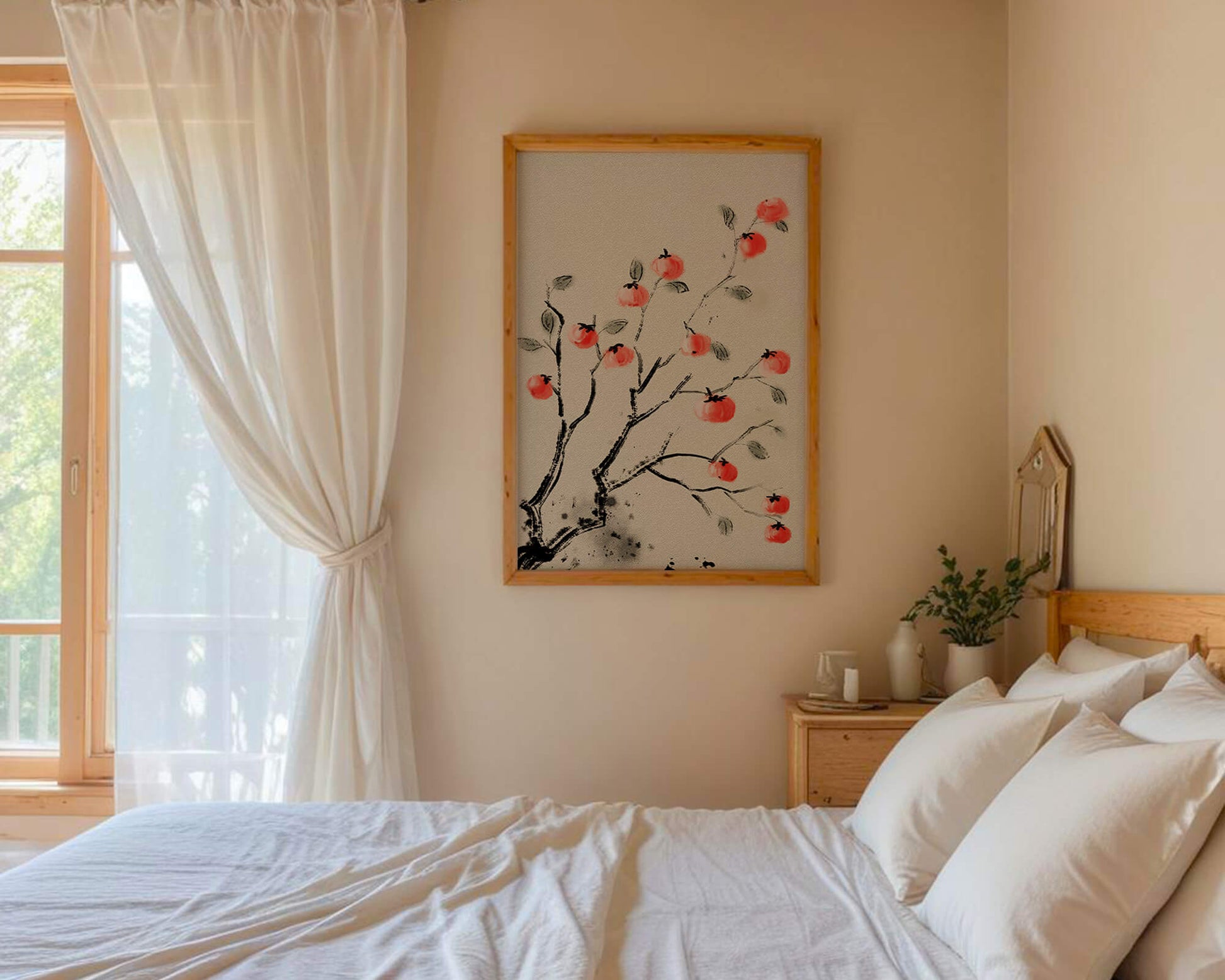 Elegant botanical illustration with vibrant red fruit on branches