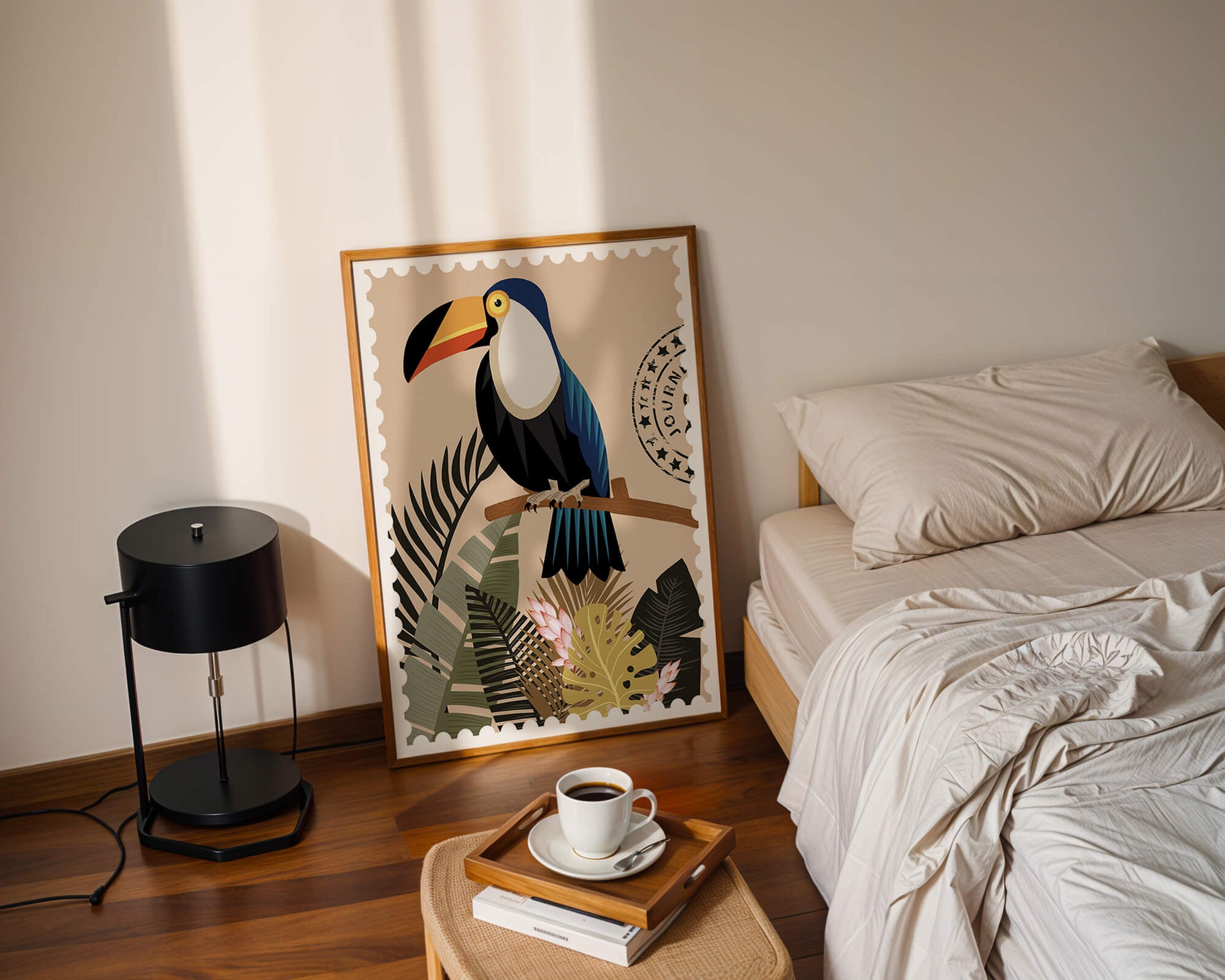 Colorful Toucan Surrounded by Tropical Leaves with Travel Stamp