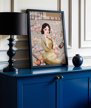 Elegant illustration of a woman with makeup and magnolia flowers