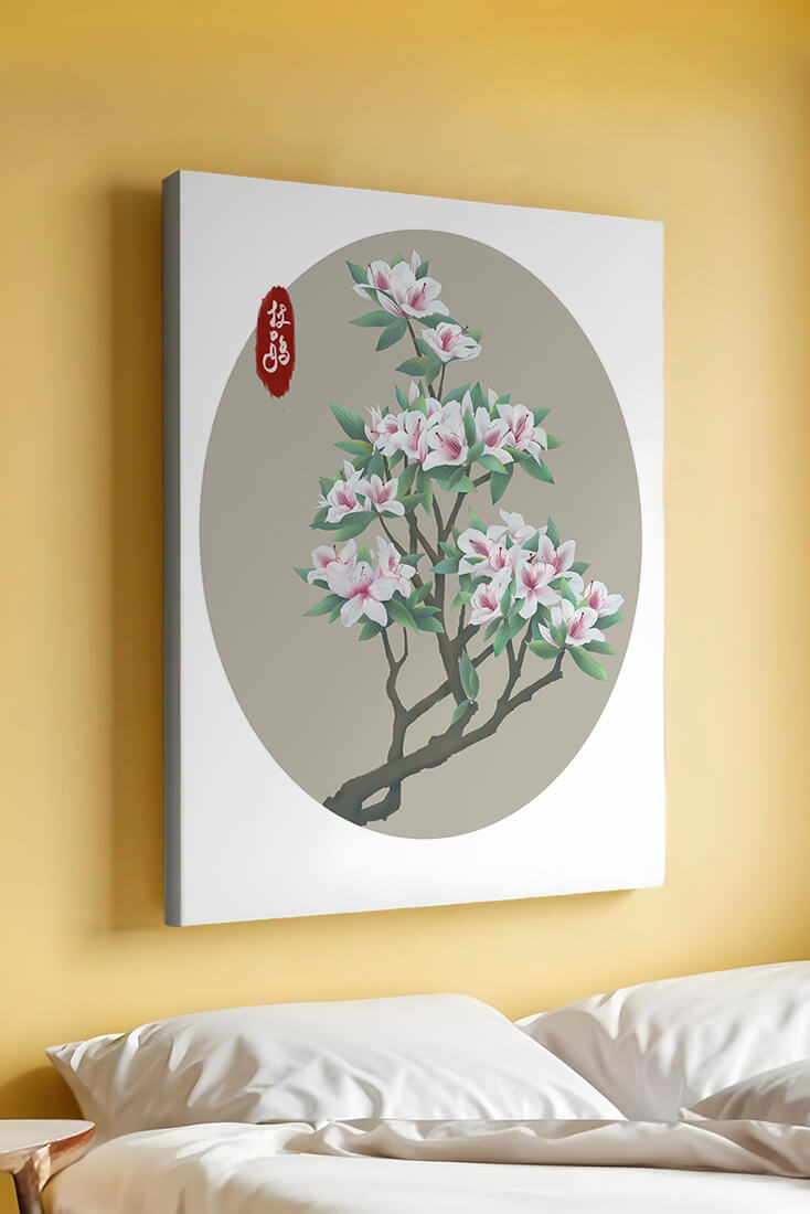Obra floral delicada con magnolias en flor en estilo oriental
