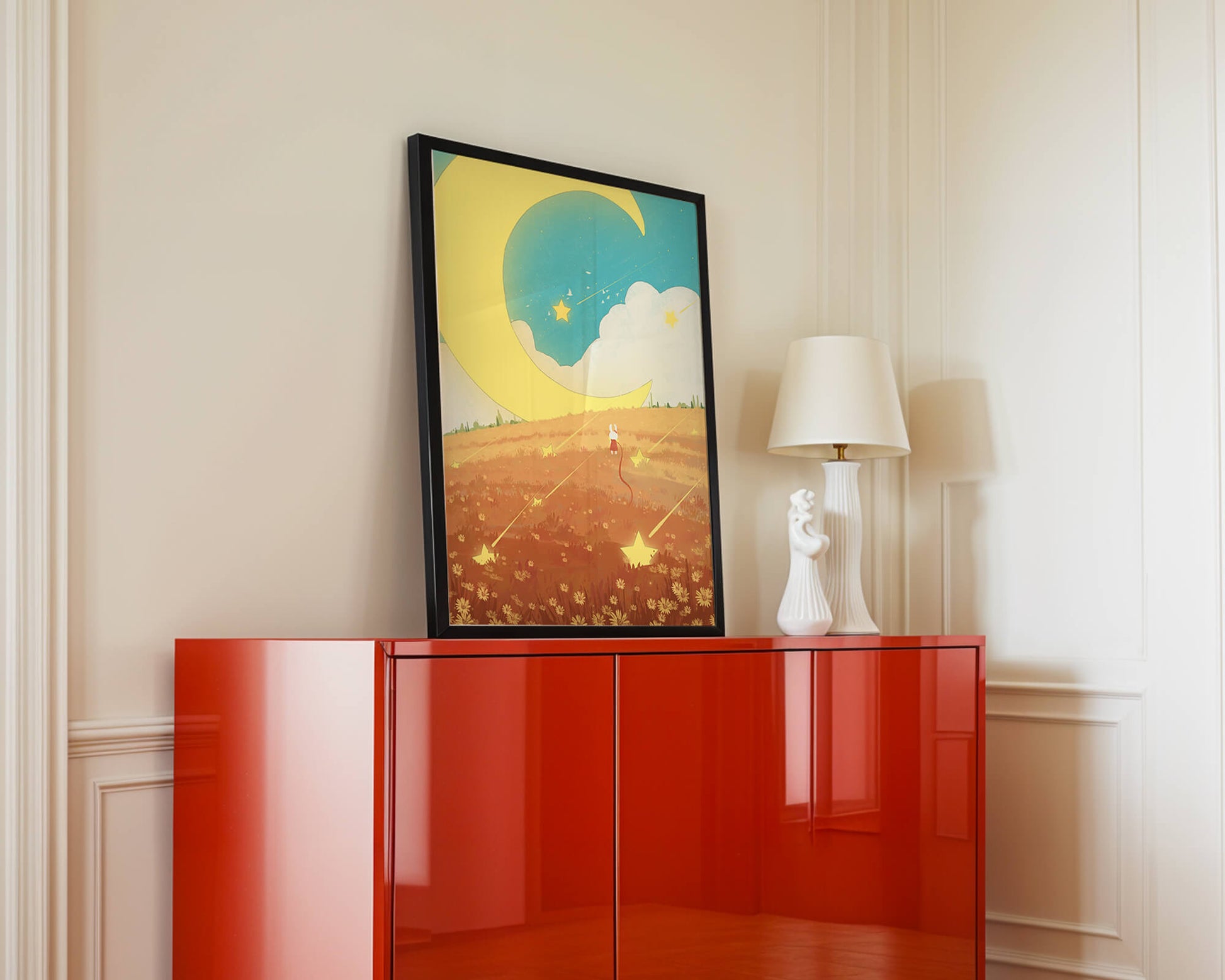 Dreamy Nighttime Landscape with Moon and Stars in a Field