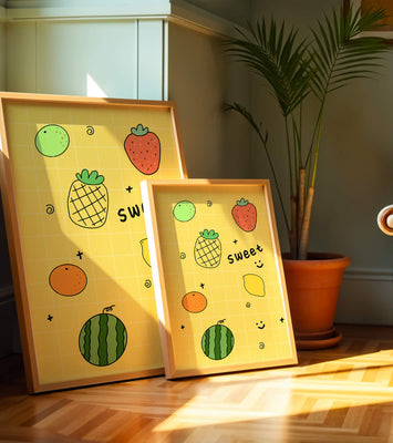 Playful fruit pattern on yellow grid background