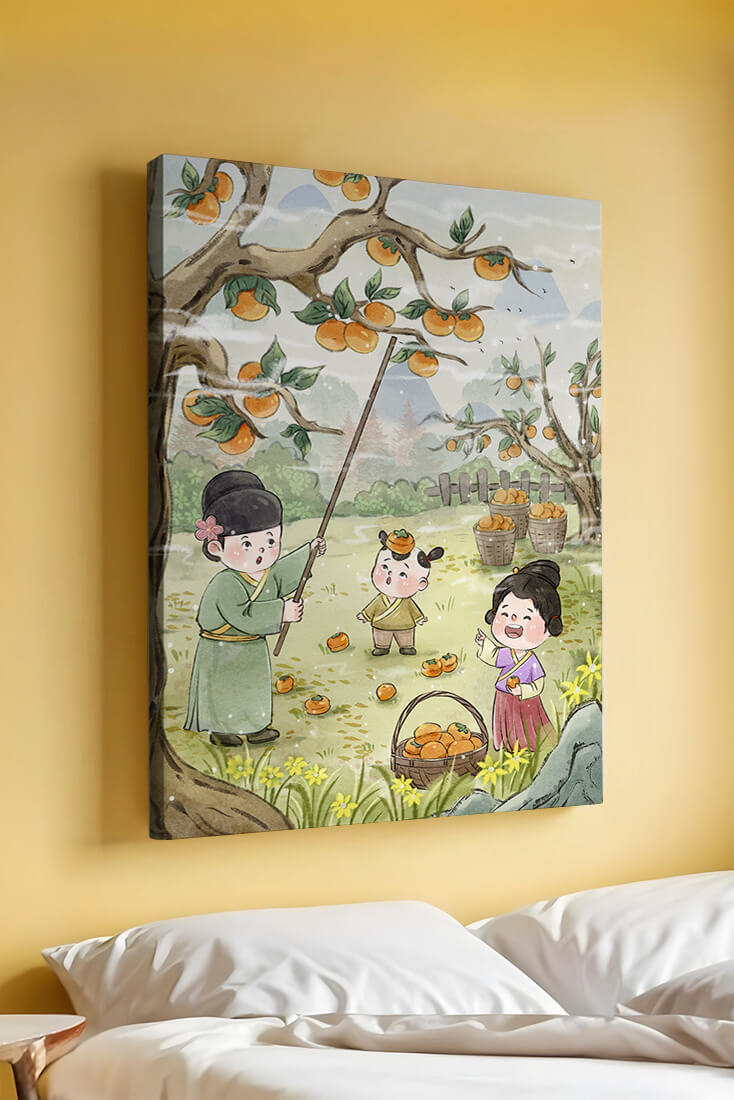 Illustration of children harvesting persimmons in a traditional setting