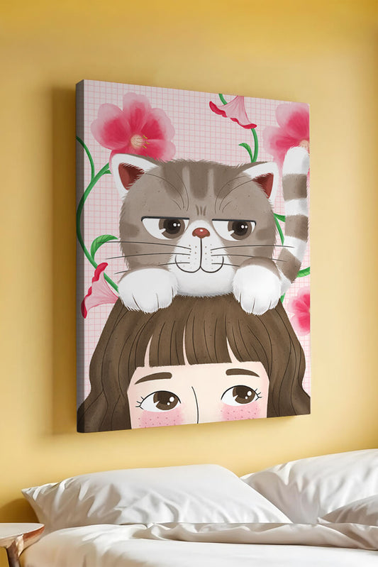 Illustration of a cat sitting on a person's head with pink flowers