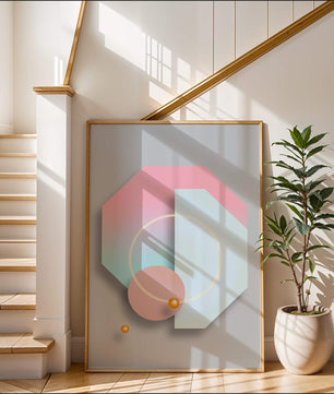 An abstract geometric art piece with pastel tones and golden accents