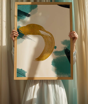 Abstract Gold and Teal Brush Strokes on White Background