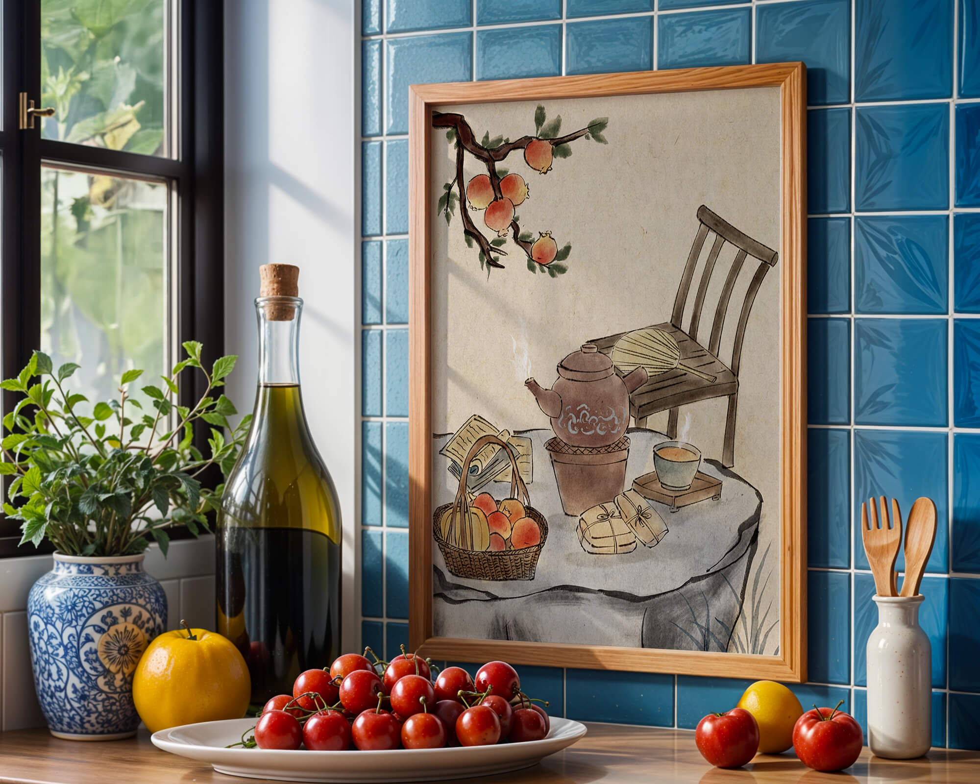 Watercolor painting of tea time setting with fruits and wooden chair