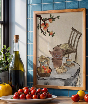 Peinture à l’aquarelle d’un moment de dégustation de thé avec des fruits et une chaise en bois