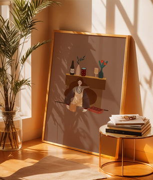 Escena acogedora con mujer junto a la chimenea y elementos decorativos