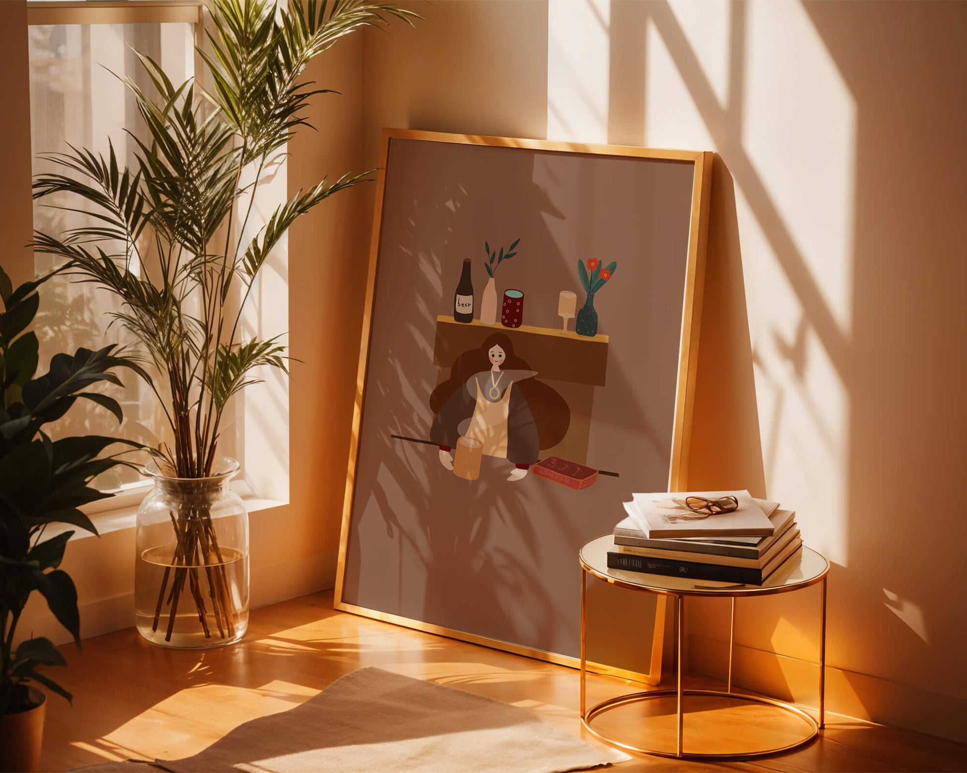 Escena acogedora con mujer junto a la chimenea y elementos decorativos