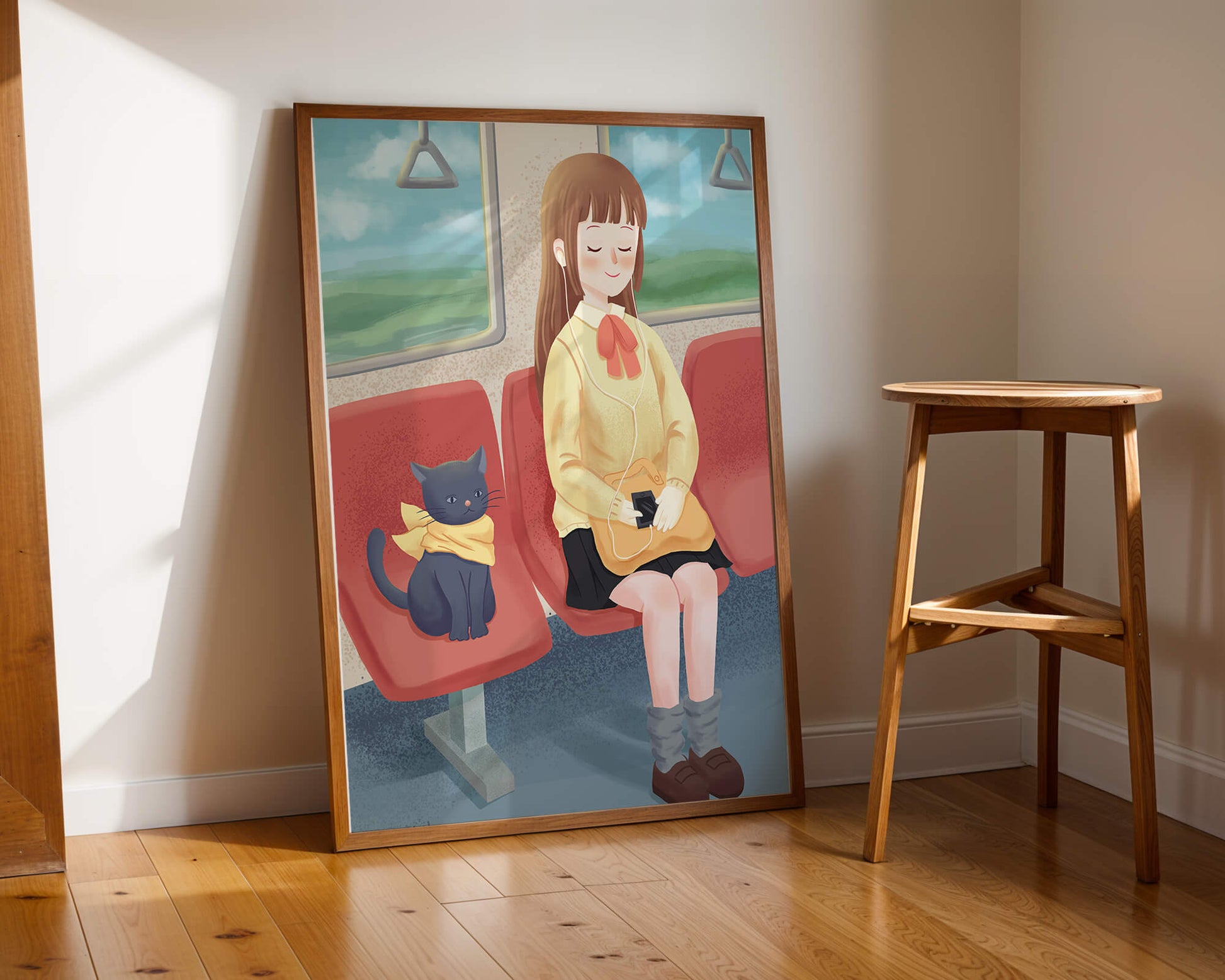 Peaceful train ride with a girl and her cat illustrated