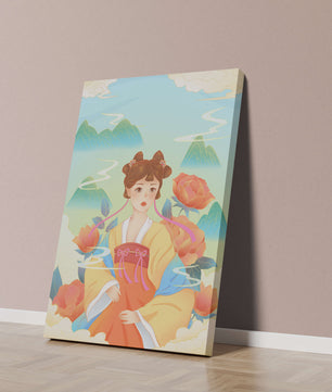 Traditional Asian Art with Woman in Hanfu Surrounded by Mountains and Peonies