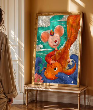 Whimsical illustration of a mouse riding a golden fish in a vibrant fantasy setting
