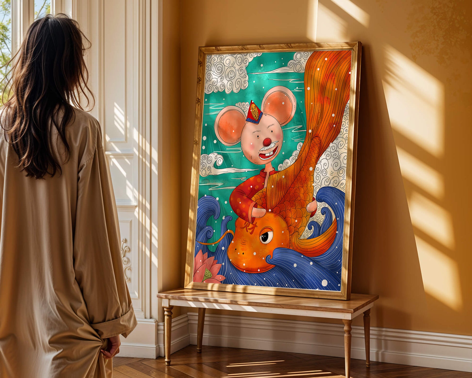 Whimsical illustration of a mouse riding a golden fish in a vibrant fantasy setting