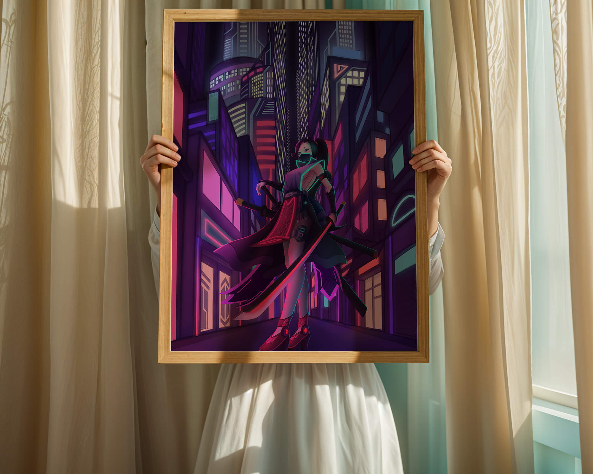 Futuristic cyberpunk cityscape with a female character and neon lights