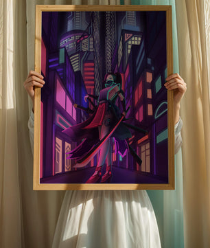 Paisaje urbano futurista de cibercpunk con una protagonista femenina y luces de neón