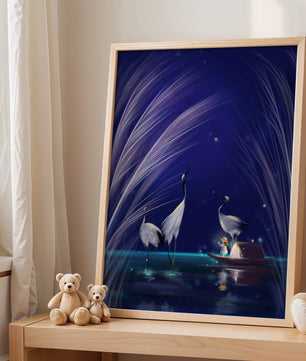 Serene night scene with graceful cranes and a magical boat ride