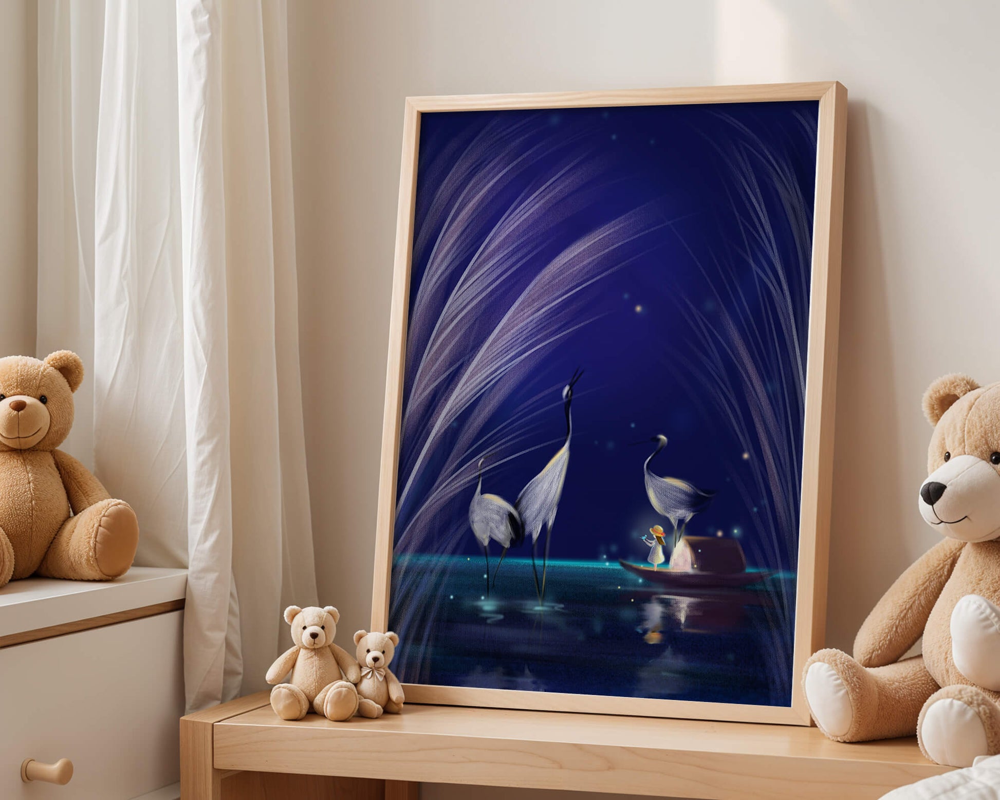 Serene night scene with graceful cranes and a magical boat ride
