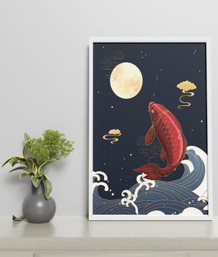 Traditional Japanese koi fish art with moonlit waves and clouds