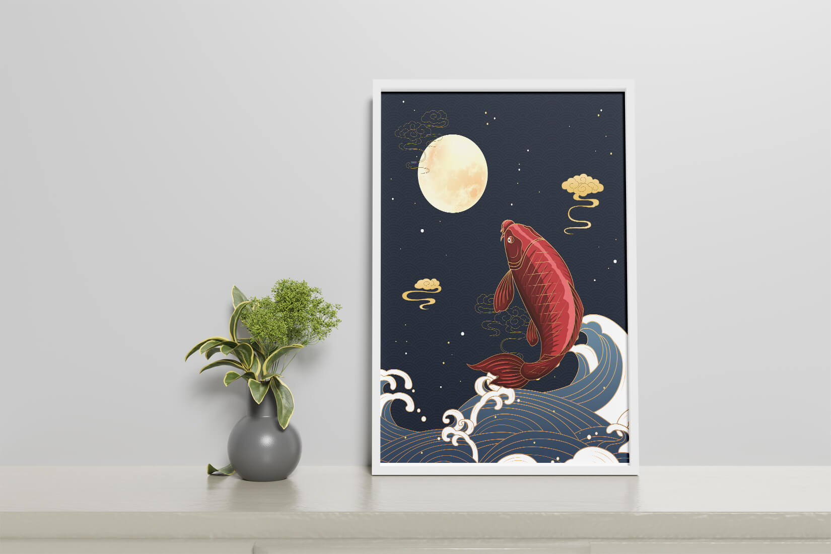 Traditional Japanese koi fish art with moonlit waves and clouds