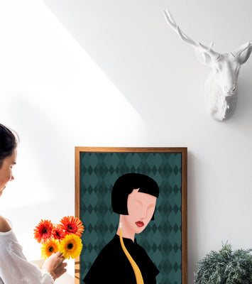 Elegant woman with short hair and golden earring on patterned background