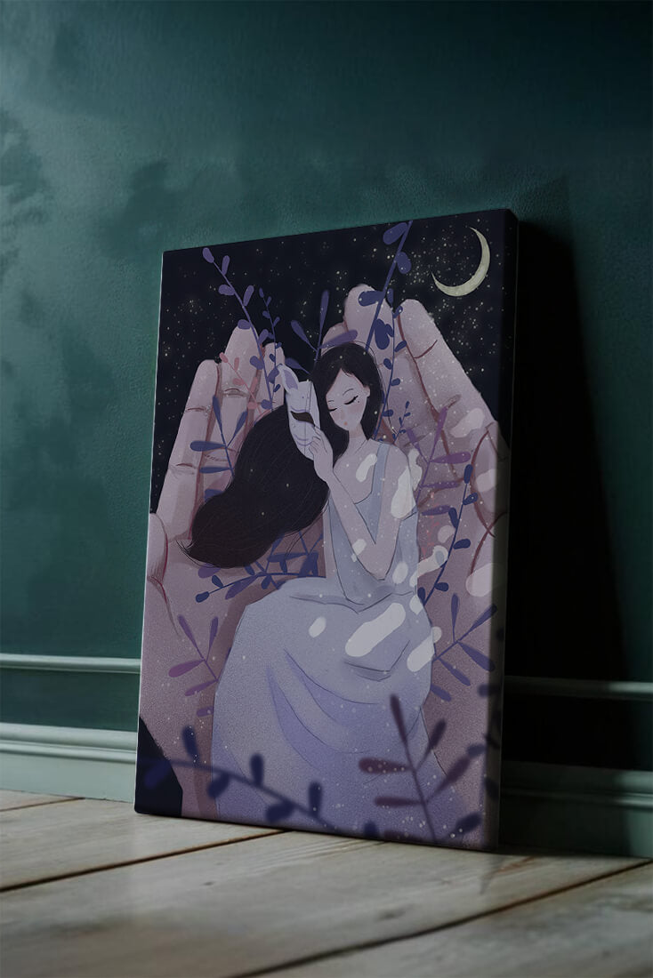 Un momento tierno bajo la luz de la luna con máscara y atmósfera onírica