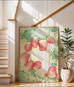 Ilustración de fresas y flores con hojas verdes exuberantes